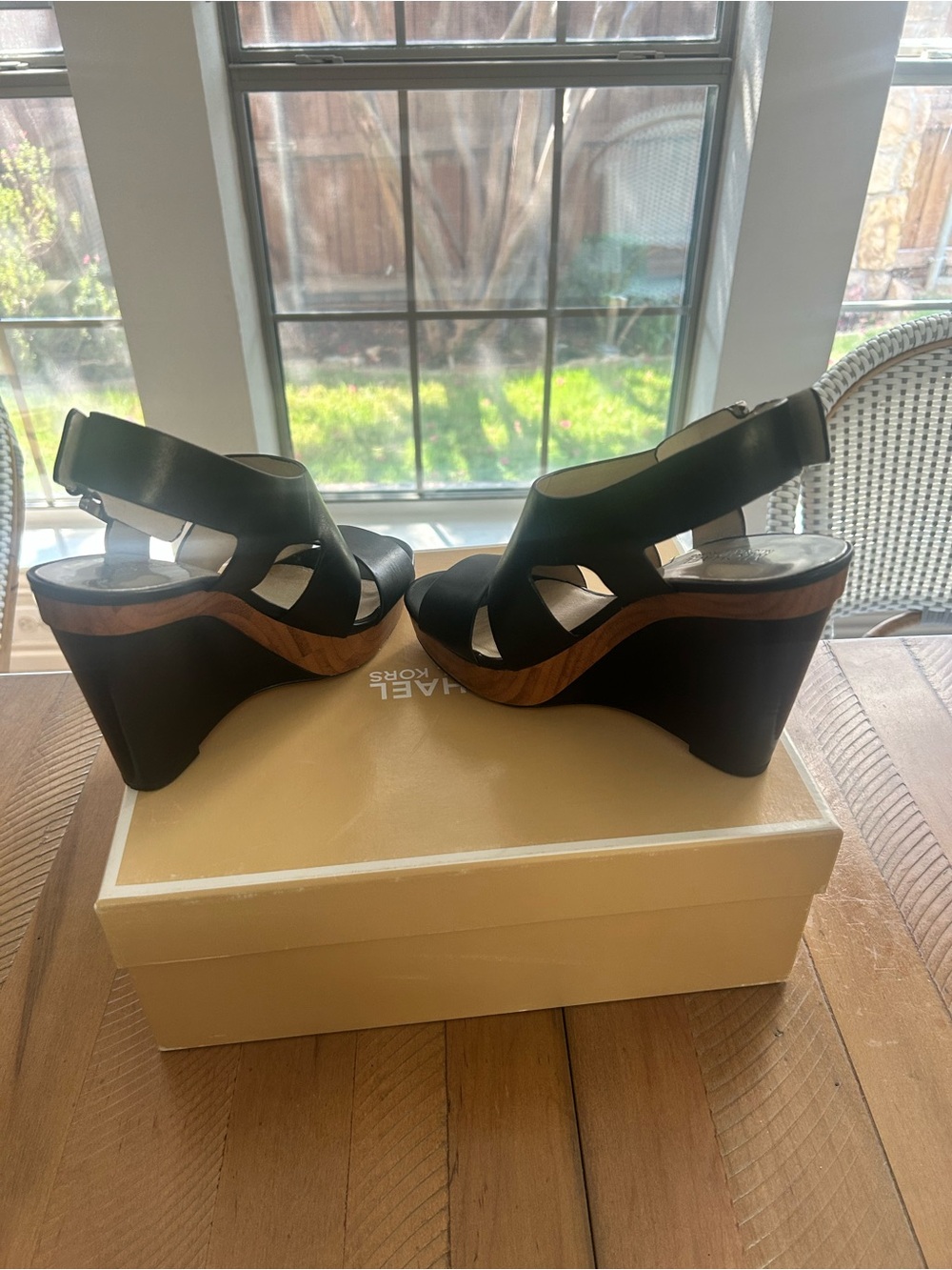 Michael Kors Black Leather Wedge Sandals with Wood-Look Platform - Picture 4 of 7